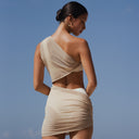 back view Women's mesh resort wear cover up dress with one shoulder silhouette