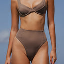 Women's espresso high rise bikini bottom in recycled swim fabric