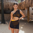 Women's one shoulder mesh beach cover up dress with waist cut out detail