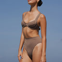 Women's espresso underwire bikini top in recycled Italian swim fabric