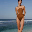 Women's espresso cut out one piece swimsuit with open back detail