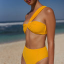 Women's marigold ruched one shoulder bikini top in textured Italian swim fabric