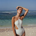 Women's white cut out one piece swimsuit in recycled Italian swim fabric