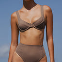 closed up Women's espresso underwire bikini top in recycled Italian swim fabric