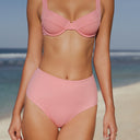 Women's pink high rise bikini bottom in recycled Italian swim fabric