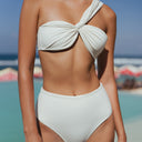 closed up Women's white high rise bikini bottom with seamless finish
