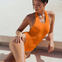 close up Women's eco crinkle one piece swimsuit in textured recycled fabric