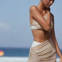 side view Women's mesh resort wear cover up dress with one shoulder silhouette