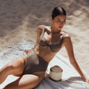 side Women's espresso underwire bikini top in recycled Italian swim fabric